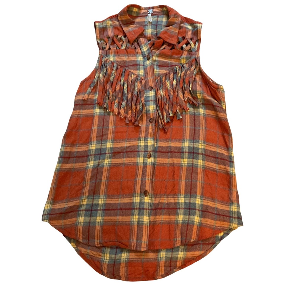 Gimmicks by BKE Womens Orange Plaid Fringe Sleeveless Button Down Shirt Medium